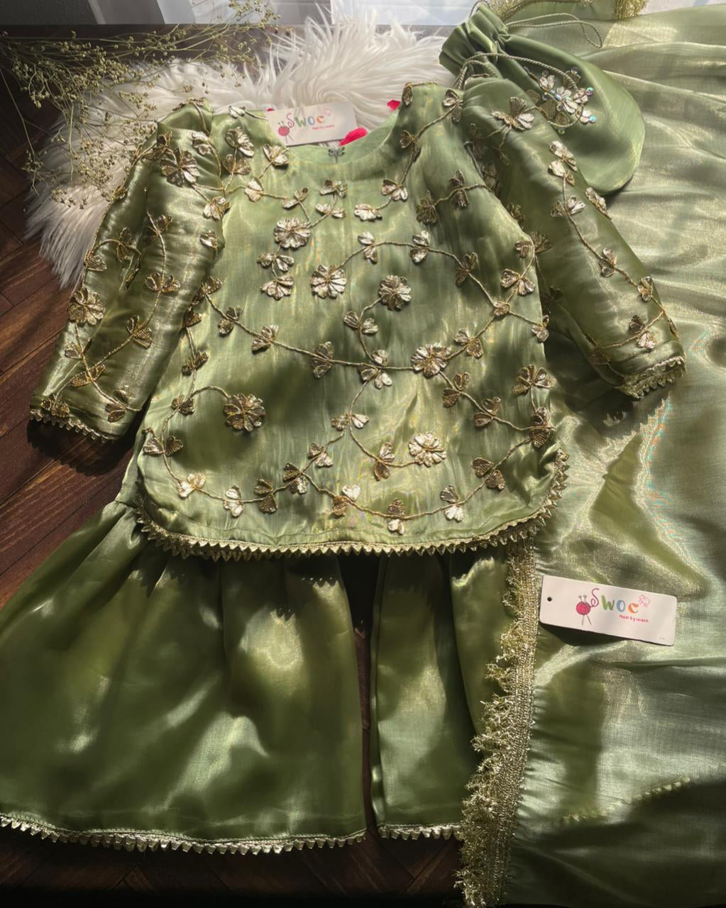 Gota Gharara-4pc Sage Green